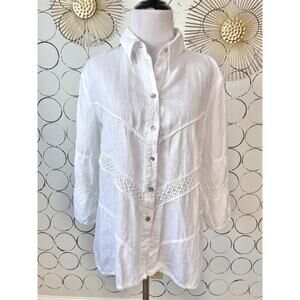 Richard Malcolm Irish Linen Button Down Top L White Crochet Western Lagenlook